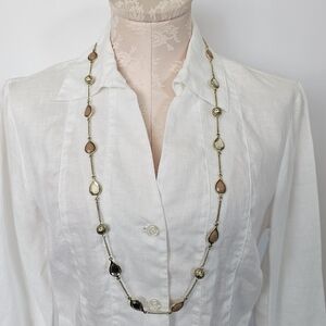 Ann Taylor Long Gold Tone Station Necklace Teardrop Glass Beads Neutral Beige